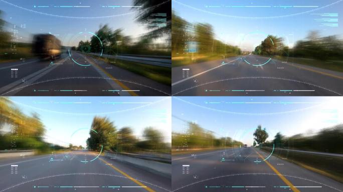 乡村道路上的延时旅行快速移动速度在乡村与森林的地方与技术UI用户界面