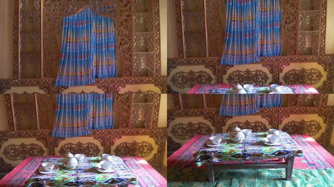 中国新疆吐鲁番葡萄谷豪宅的传统室内装饰。