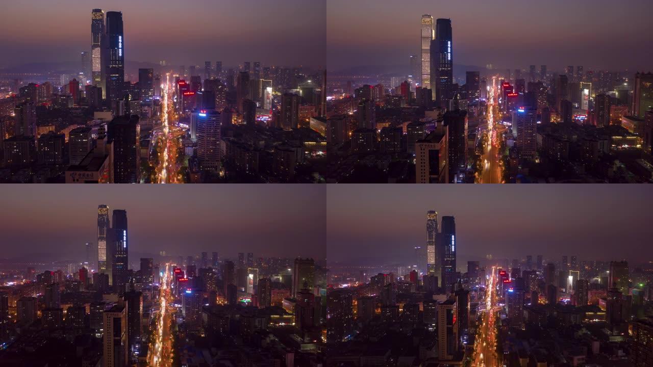 日落夜照明长沙市中心市中心交通街空中延时全景4k中国