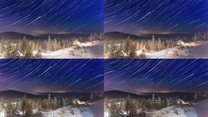 冬天，星星在山上的小房子上方移动。乌克兰，喀尔巴阡山脉