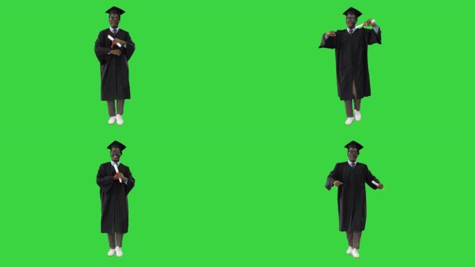 非裔美国学生在绿色屏幕上微笑着走路，色度键