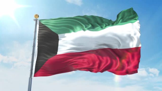 科威特国旗在深蓝色的天空中迎风飘扬。国家主题，国际理念。3D渲染无缝循环4K