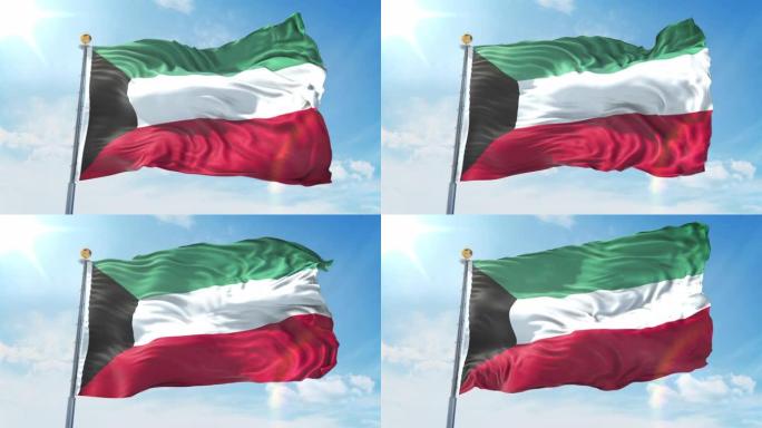 科威特国旗在深蓝色的天空中迎风飘扬。国家主题，国际理念。3D渲染无缝循环4K