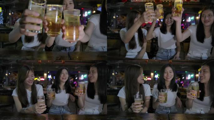 亚洲女性聚会和饮酒之友，酒吧啤酒快乐旅行夜总会，泰国芭堤雅邦肖恩春武里府，一群迷人的女性旅行者生活方