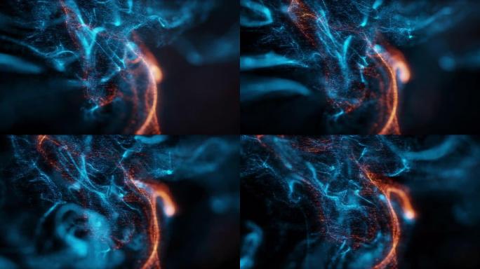抽象宏观慢动作拍摄蓝色和橙色粒子流体孤立在黑色上。