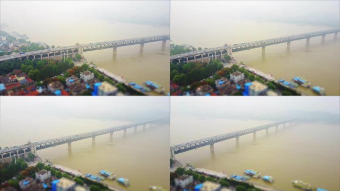 白天时间武汉市著名长江大桥空中全景4k倾斜移位中国
