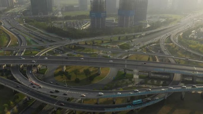 日落时间杭州城市交通路口建设建筑空中全景4k中国