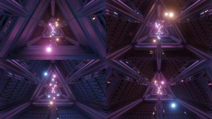 发光球体粒子飞过三角空间隧道走廊