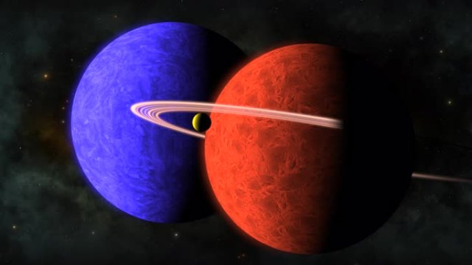 两个旋转行星和银河系，一个蓝色行星和一个橙色行星，具有行星环和一个轨道卫星