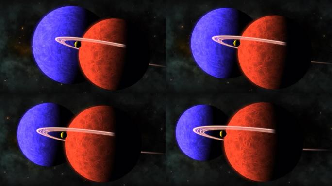 两个旋转行星和银河系，一个蓝色行星和一个橙色行星，具有行星环和一个轨道卫星
