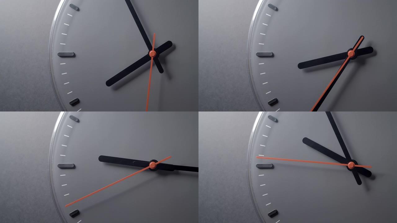 灰色墙壁上的钟面从8点到10点点的时间推移
