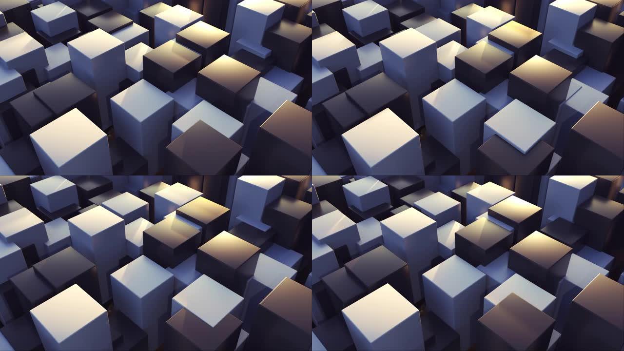 3d渲染几何背景。用正方形基底变换不同层次的矩形元素。带有立方体的抽象结构，计算机生成