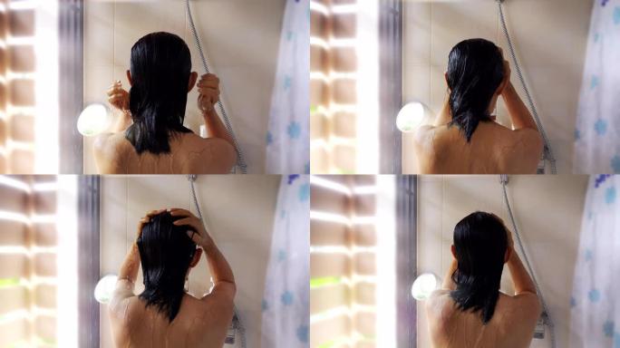 成熟女人洗头从头发，上半身后视图。