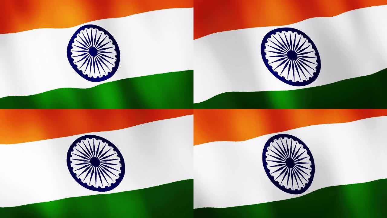 印度国旗挥舞，国旗动画背景。特写印度共和国国旗在风视频镜头中挥舞。