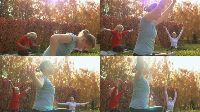 在秋季公园进行健身锻炼时穿着运动服的运动女性
