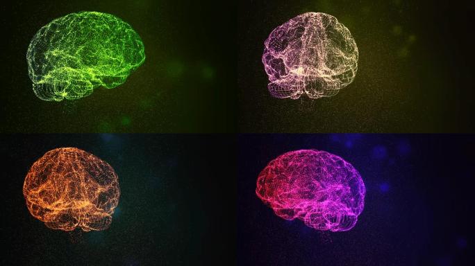 神奇设计的人脑漂浮在五颜六色的散景粒子的空间中。