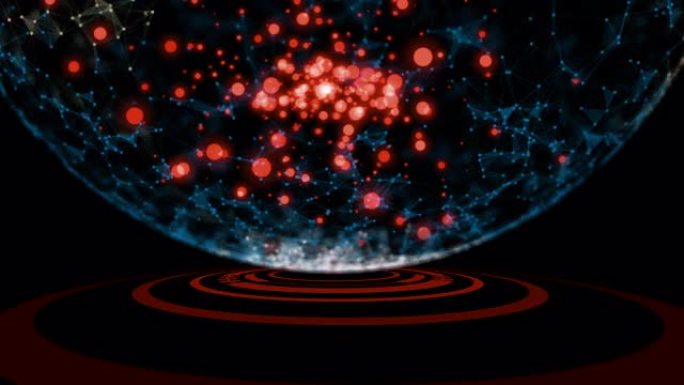 蓝色plexus球体全息图在红色虚拟hud上旋转在深色背景上圆形表面。