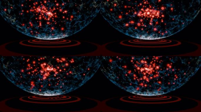 蓝色plexus球体全息图在红色虚拟hud上旋转在深色背景上圆形表面。
