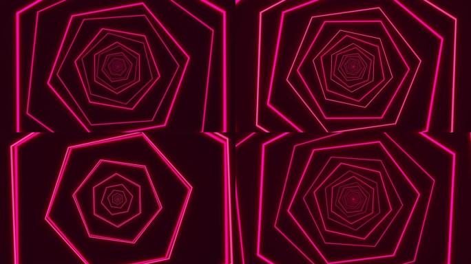 带霓虹灯的抽象背景六边形隧道无尽无缝循环动画。科技视频概念。未来壁纸。