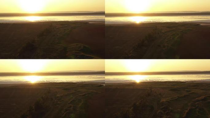 索隆恰克-图兹拉湖上的日落。航空摄影