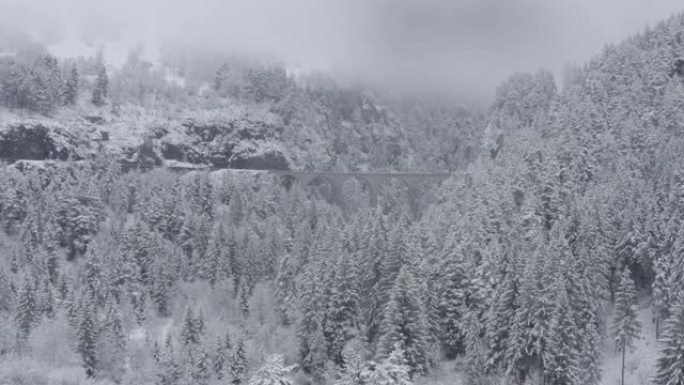 冬天，瑞士地标，下雪，无人驾驶飞机向前飞，带有铁路的Landwasser高架桥的鸟瞰图