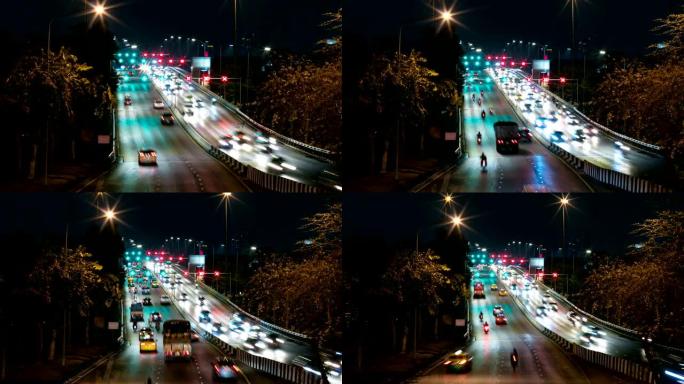 曼谷夜间高峰时间交通拥堵和汽车长期暴露，城市景观交通