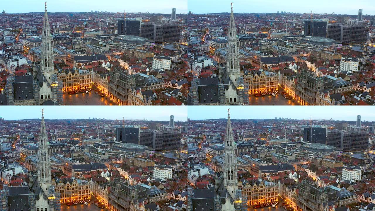 比利时布鲁塞尔:无人机在布鲁塞尔大广场、市政厅和面包屋的空中拍摄。空中downoown城市