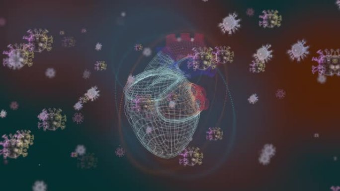 大流行病毒细胞中抽象心脏模型的图形散焦背景。