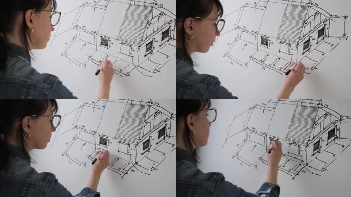 一位年轻的女建筑师的特写镜头，为一个新的famaly住宅项目绘制草图。技术图纸的工作概念