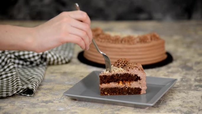 一块美味的巧克力蛋糕配坚果和焦糖。