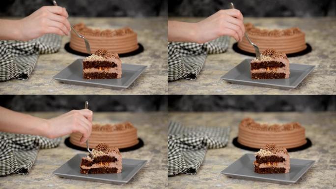 一块美味的巧克力蛋糕配坚果和焦糖。