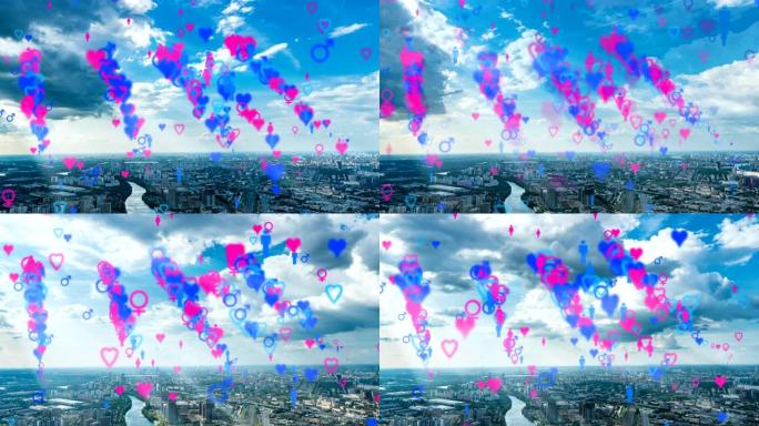 心脏表情符号图标从建筑物飞向天空代表约会应用程序。对于具有数字连接和网络的社交网络。城市景观上的时间