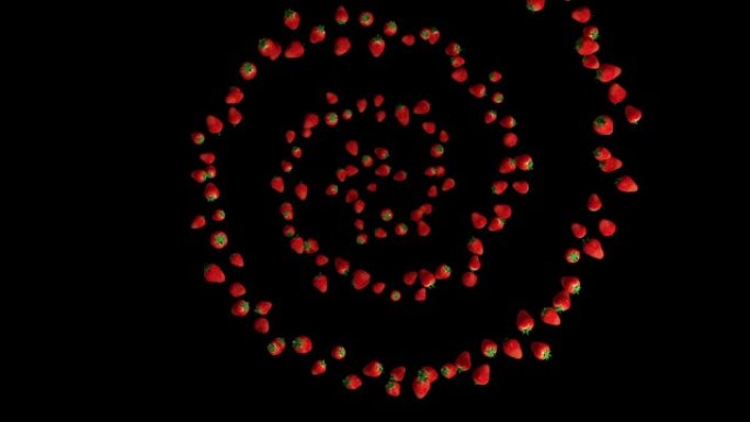 螺旋形状的草莓飞行，上部视图，无缝循环，对抗黑色