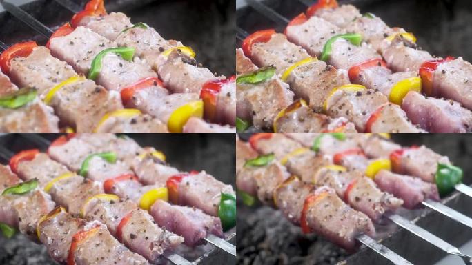 肉串上多汁、嫩的肉串。肉是在火和烟的热烤架上煮熟的。制作美味天然肉的传统方式。相机从上到下移动，焦点