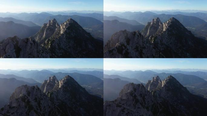 鸟瞰图。飞越斯洛文尼亚的朱利安阿尔卑斯山，曼加特
