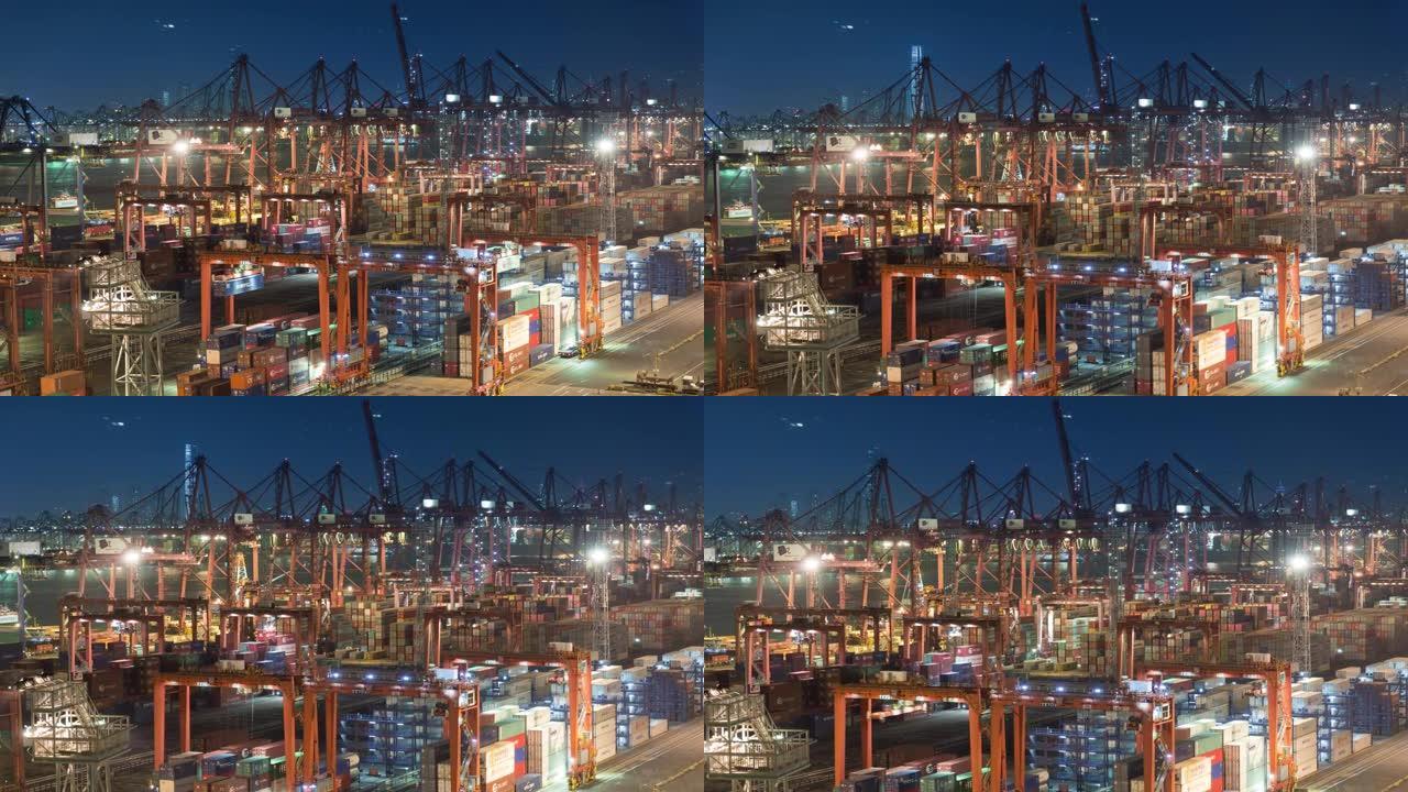 4k延时: 夜间在码头商业港口的集装箱货物仓库，用于商务物流，进出口，运输或运输。