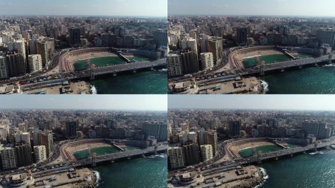 空中无人机在埃及亚历山大市斯坦利桥上空射击