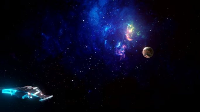 空间背景。宇宙飞船在带有行星的彩色分形蓝色星云中飞行