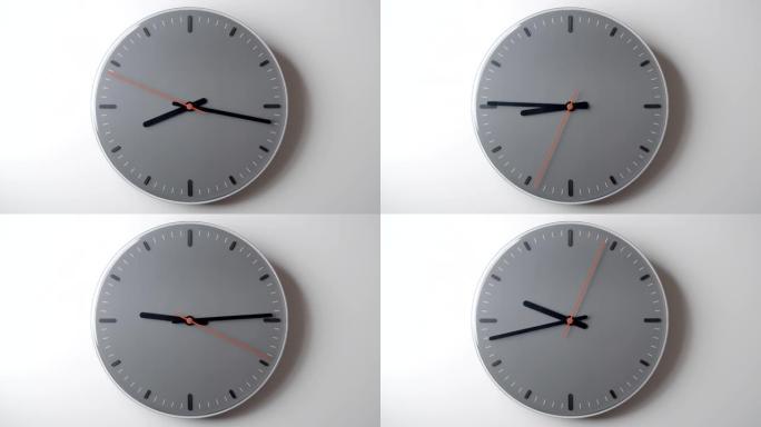 钟面在白色墙壁上的时间从8小时到10小时流逝
