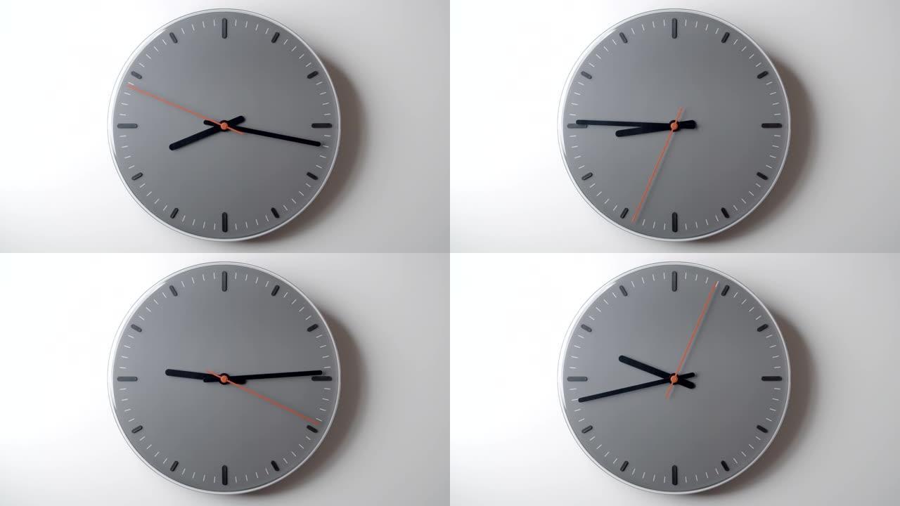 钟面在白色墙壁上的时间从8小时到10小时流逝