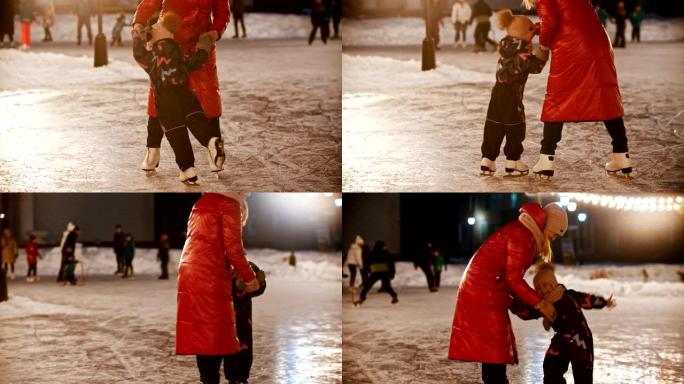 一名年轻女子带着她的小孩在溜冰场上滑冰-在户外玩耍