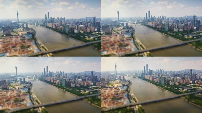夏季广州城市景观珍珠河畔空中市区倾斜移动全景4k延时中国