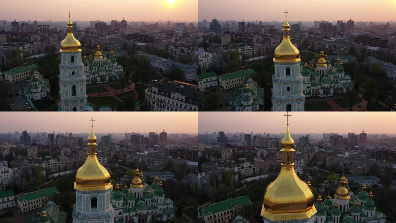 无人机在乌克兰基辅的圣索菲亚大教堂周围飞行