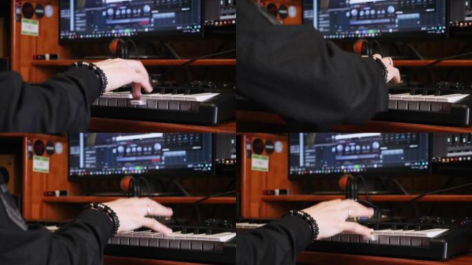 年轻艺术家在家庭录音棚用电子钢琴键盘创作歌曲。在音乐工作室用钢琴演奏。音响工程师正在制作一首歌。