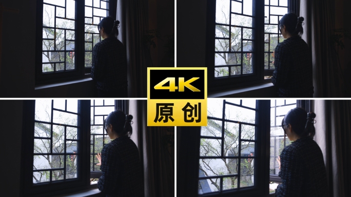 美女推开窗户江南水乡