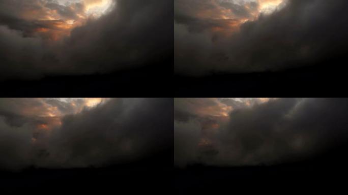鸟瞰图在日落时飞过积云雷云。高对比度的金色日落云度。真正的天空。梦想的概念和天气预报