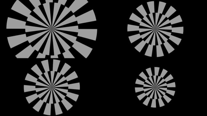 具有频闪和催眠效果的黑白图形对象，顺时针旋转，以16:9视频格式从全屏减小到中央消失