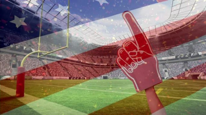 美国足球迷用红色泡沫手指支持美国足球运动员和美国国旗w