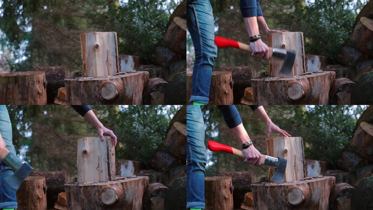 一个人正准备用斧头毁坏木头。