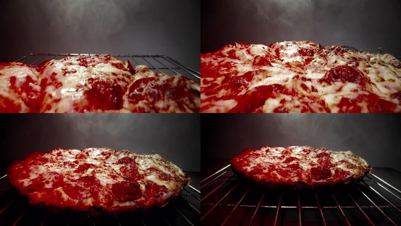 慢速特写微距相机多莉拍摄美味热气腾腾的深盘意大利辣香肠比萨饼，新鲜出炉在加热灯下的冷却架上，以广角结